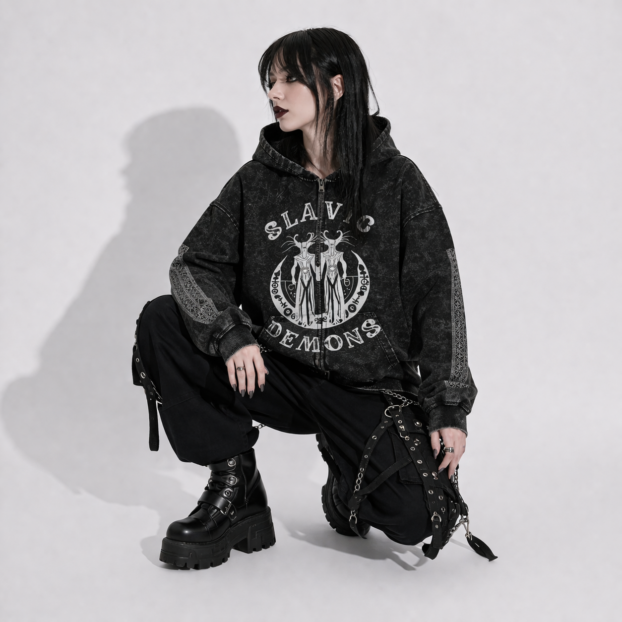 Gothic Zip Hoodie Slavic Demons – Dark Folk Aesthetic Oversize Hoodie