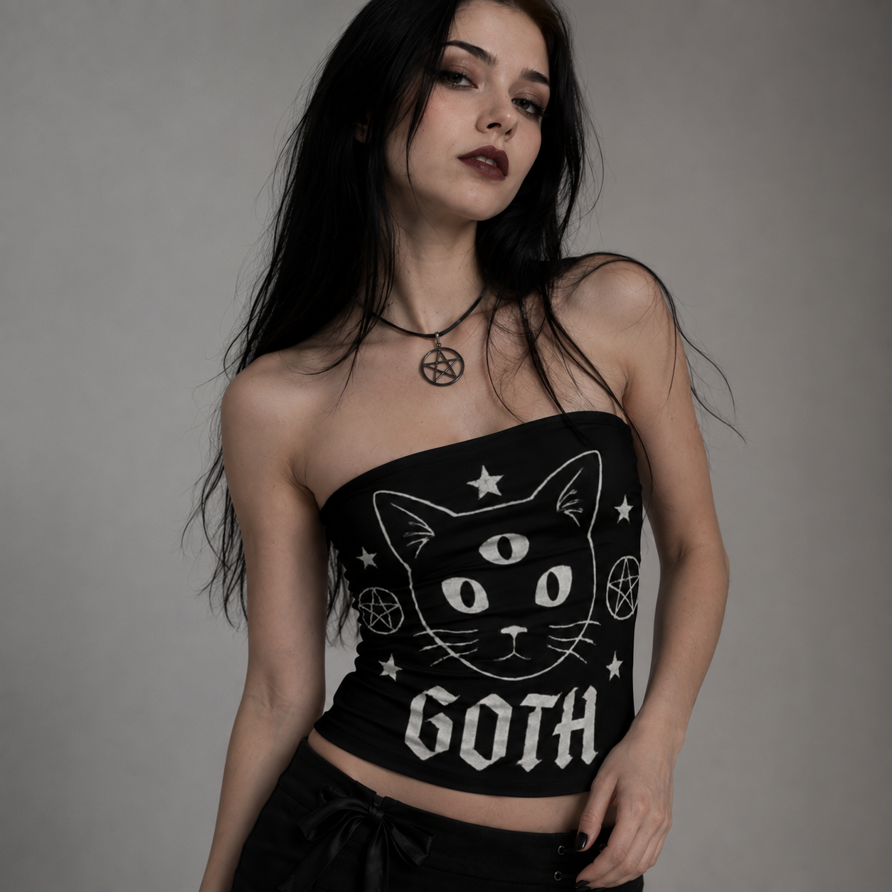 Gothic Strapless Crop Top | Occult Cat Familiar Tube Top | Gothicana Nocturne