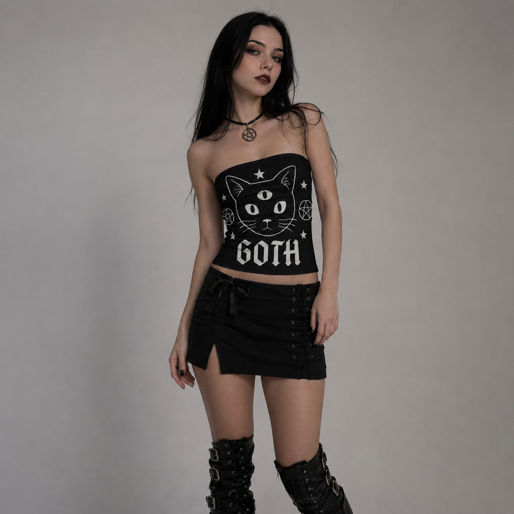 Gothic Strapless Crop Top | Occult Cat Familiar Tube Top | Gothicana Nocturne