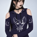 Gothic Hooded Cold Shoulder Mini Dress | Occult Cat Sigil | 230 GSM