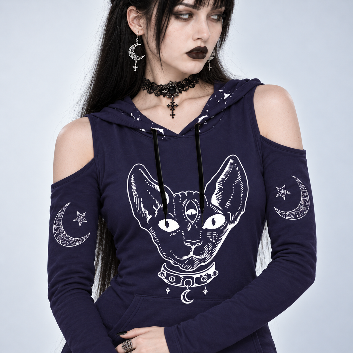 Gothic Hooded Cold Shoulder Mini Dress | Occult Cat Sigil | 230 GSM