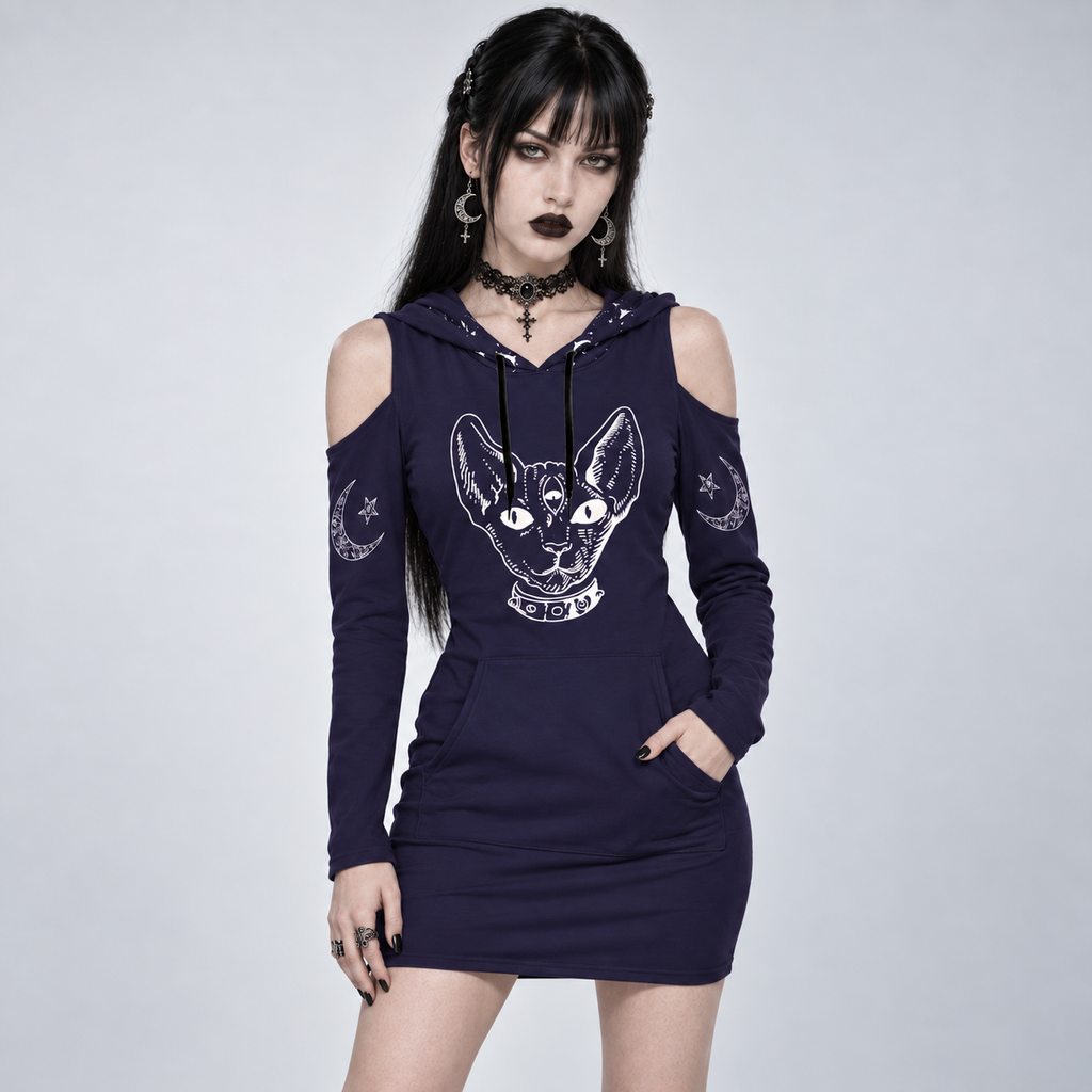 Gothic Hooded Cold Shoulder Mini Dress | Occult Cat Sigil | 230 GSM