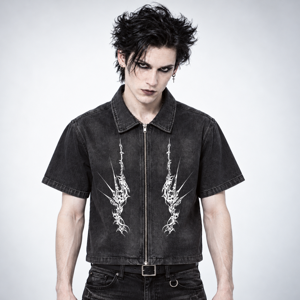 Men's Gothic Grunge Denim Zip Shirt | NIGHTCRAWLER – Washed Black 285 GSM