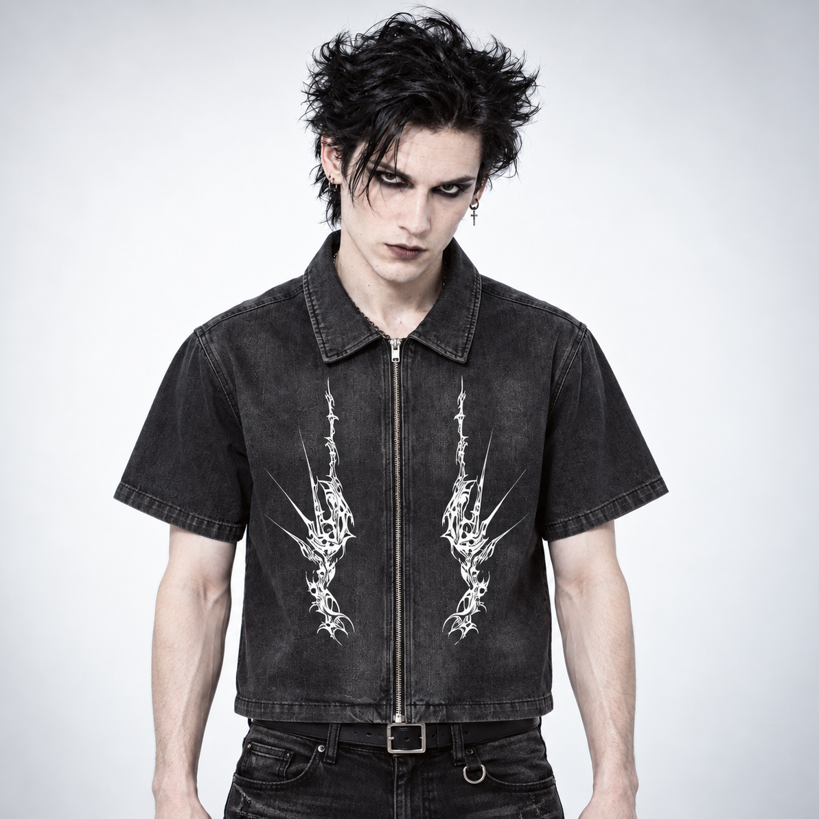 Men's Gothic Grunge Denim Zip Shirt | NIGHTCRAWLER – Washed Black 285 GSM