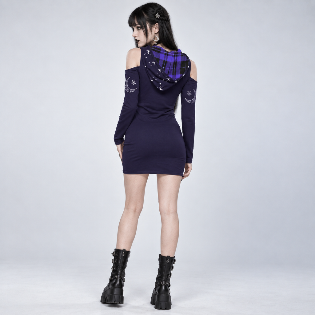 Gothic Hooded Cold Shoulder Mini Dress | Occult Cat Sigil | 230 GSM