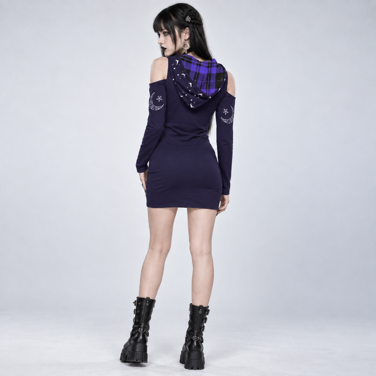 Gothic Hooded Cold Shoulder Mini Dress | Occult Cat Sigil | 230 GSM