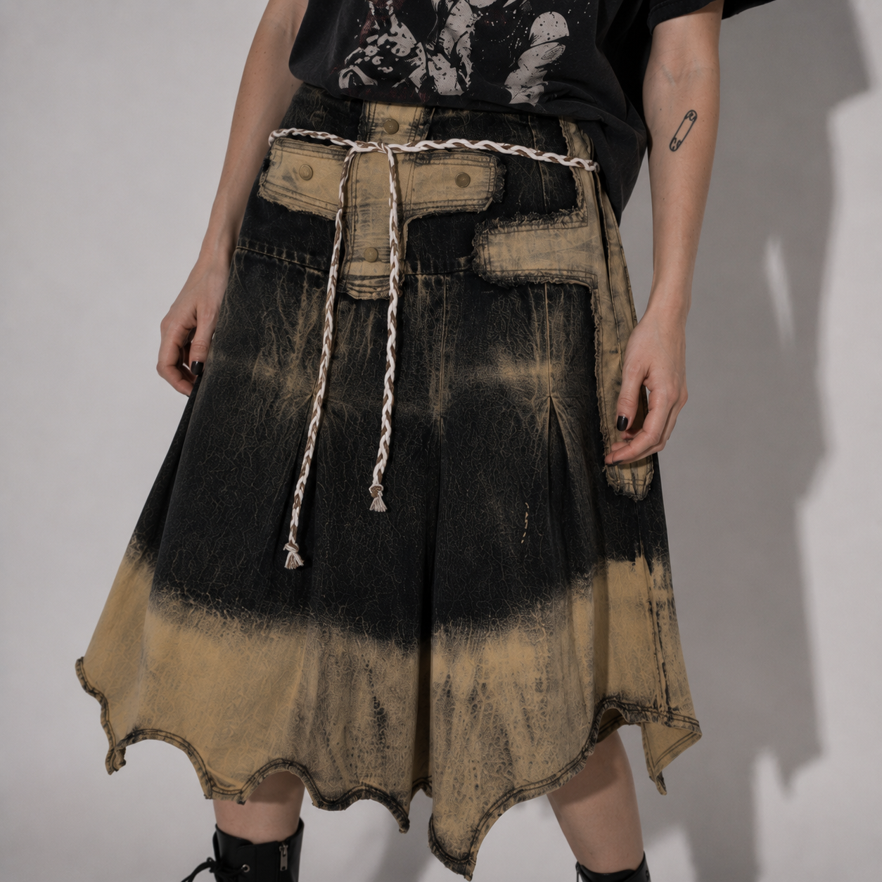 Grunge Y2K Vintage Wash Denim Midi Skirt with Utility Pockets | Alternative Streetwear