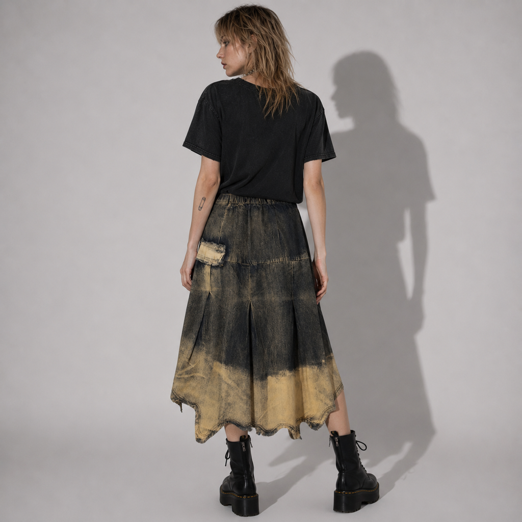 Grunge Y2K Vintage Wash Denim Midi Skirt with Utility Pockets | Alternative Streetwear