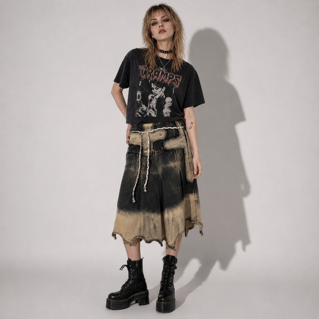 Grunge Y2K Vintage Wash Denim Midi Skirt with Utility Pockets | Alternative Streetwear