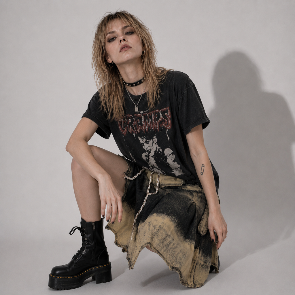 Grunge Y2K Vintage Wash Denim Midi Skirt with Utility Pockets | Alternative Streetwear