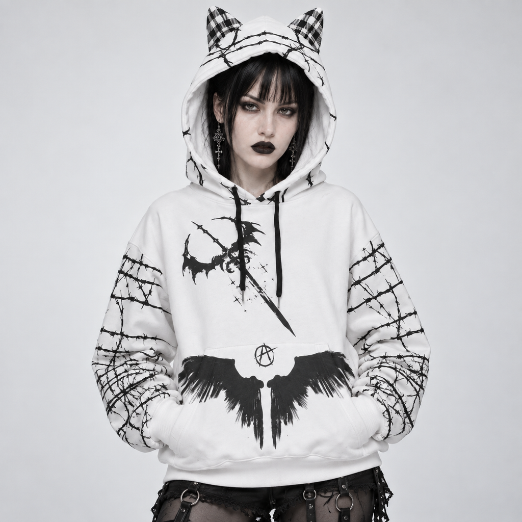 Women's Grunge Goth Cat Ear Hoodie | Anarchy Cat Escape | 230 GSM