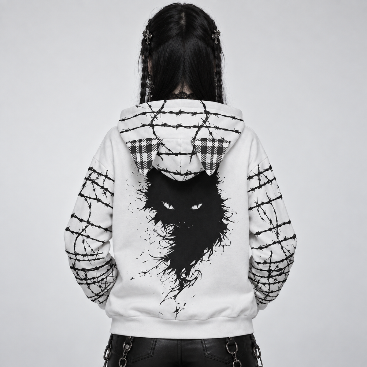 Women's Grunge Goth Cat Ear Hoodie | Anarchy Cat Escape | 230 GSM