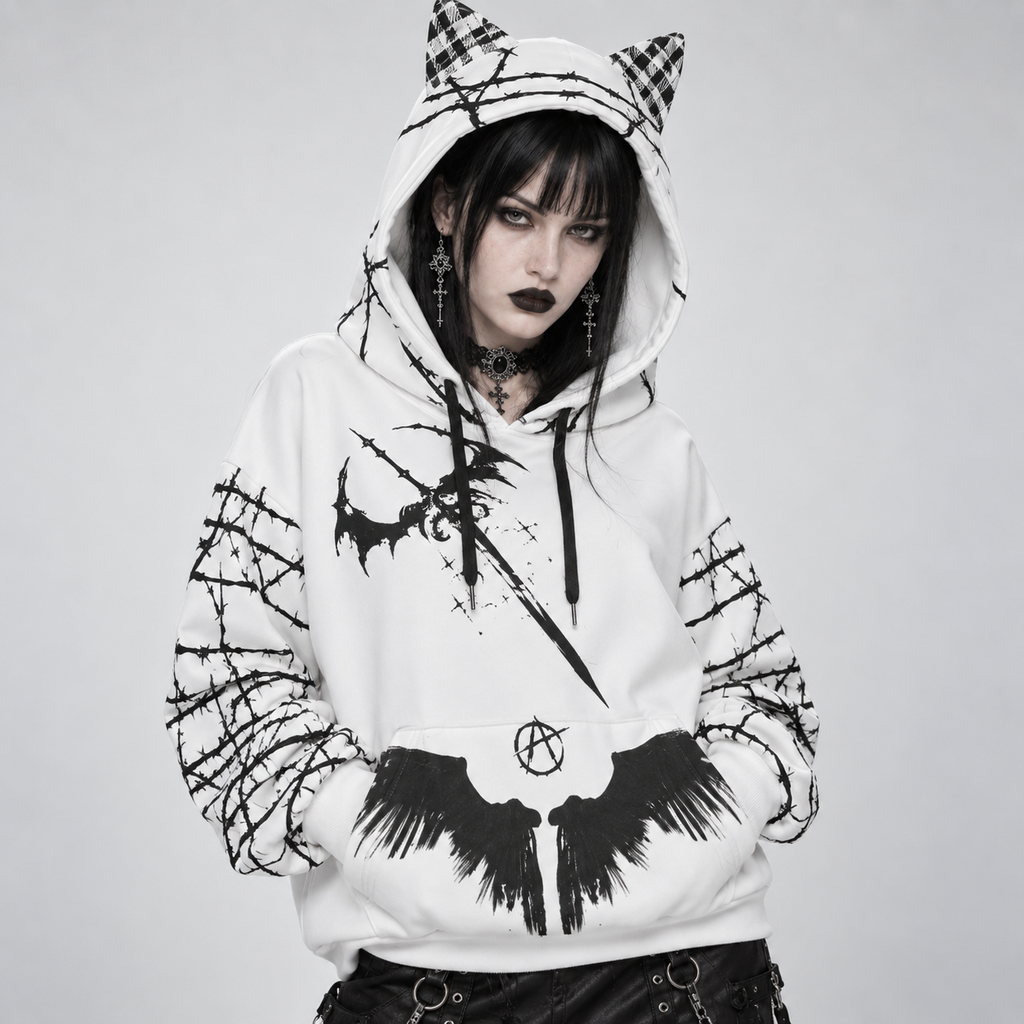 Women's Grunge Goth Cat Ear Hoodie | Anarchy Cat Escape | 230 GSM