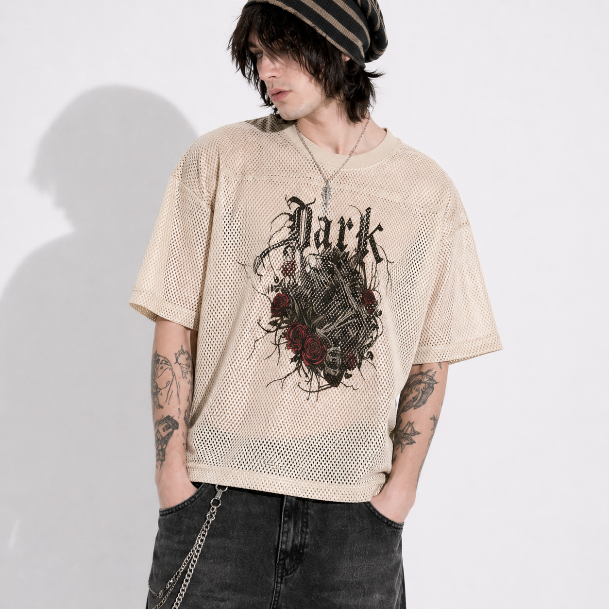Mesh Grunge Goth Dark Rose T-Shirt – Oversized Streetwear | Mesh Skull T-Shirt | Alt Aesthetic