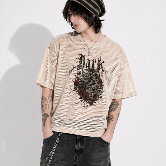 Mesh Grunge Goth Dark Rose T-Shirt – Oversized Streetwear | Mesh Skull T-Shirt | Alt Aesthetic