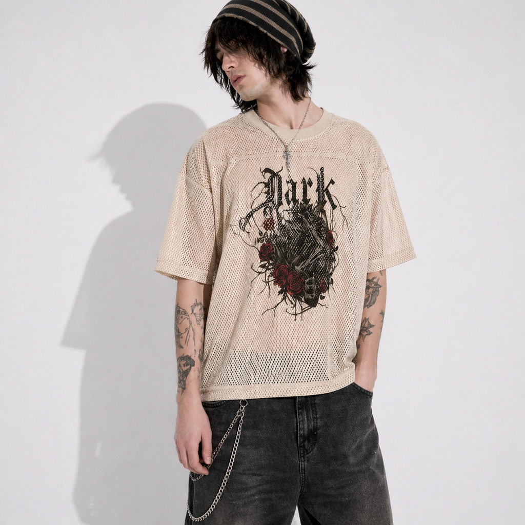 Mesh Grunge Goth Dark Rose T-Shirt – Oversized Streetwear | Mesh Skull T-Shirt | Alt Aesthetic