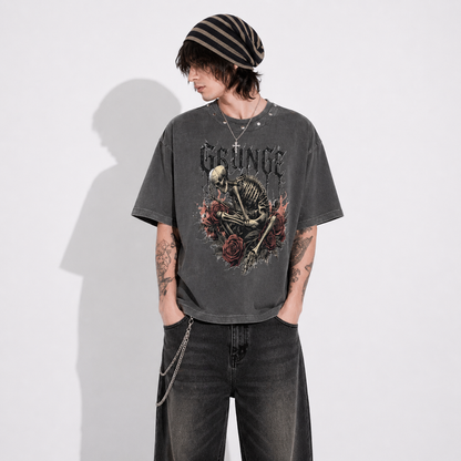 Grunge Aesthetic T-Shirt Skeleton Crown | Distressed Grey | Heavy Cotton