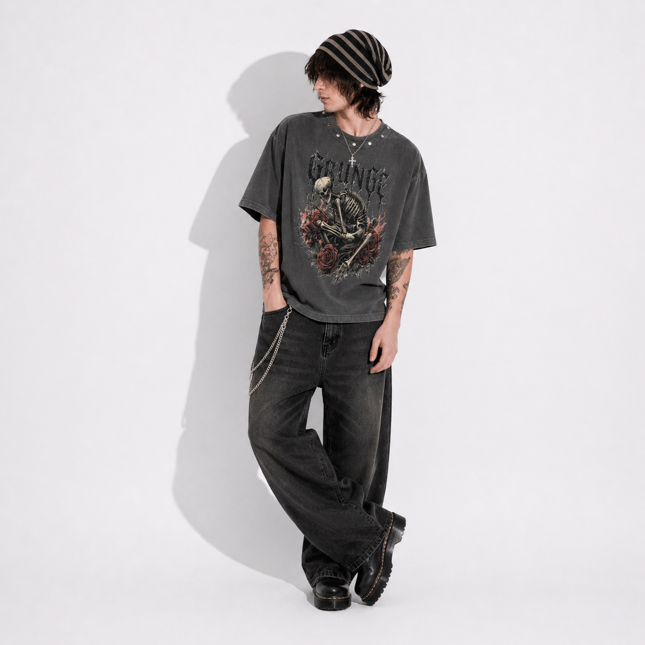 Grunge Aesthetic T-Shirt Skeleton Crown | Distressed Grey | Heavy Cotton