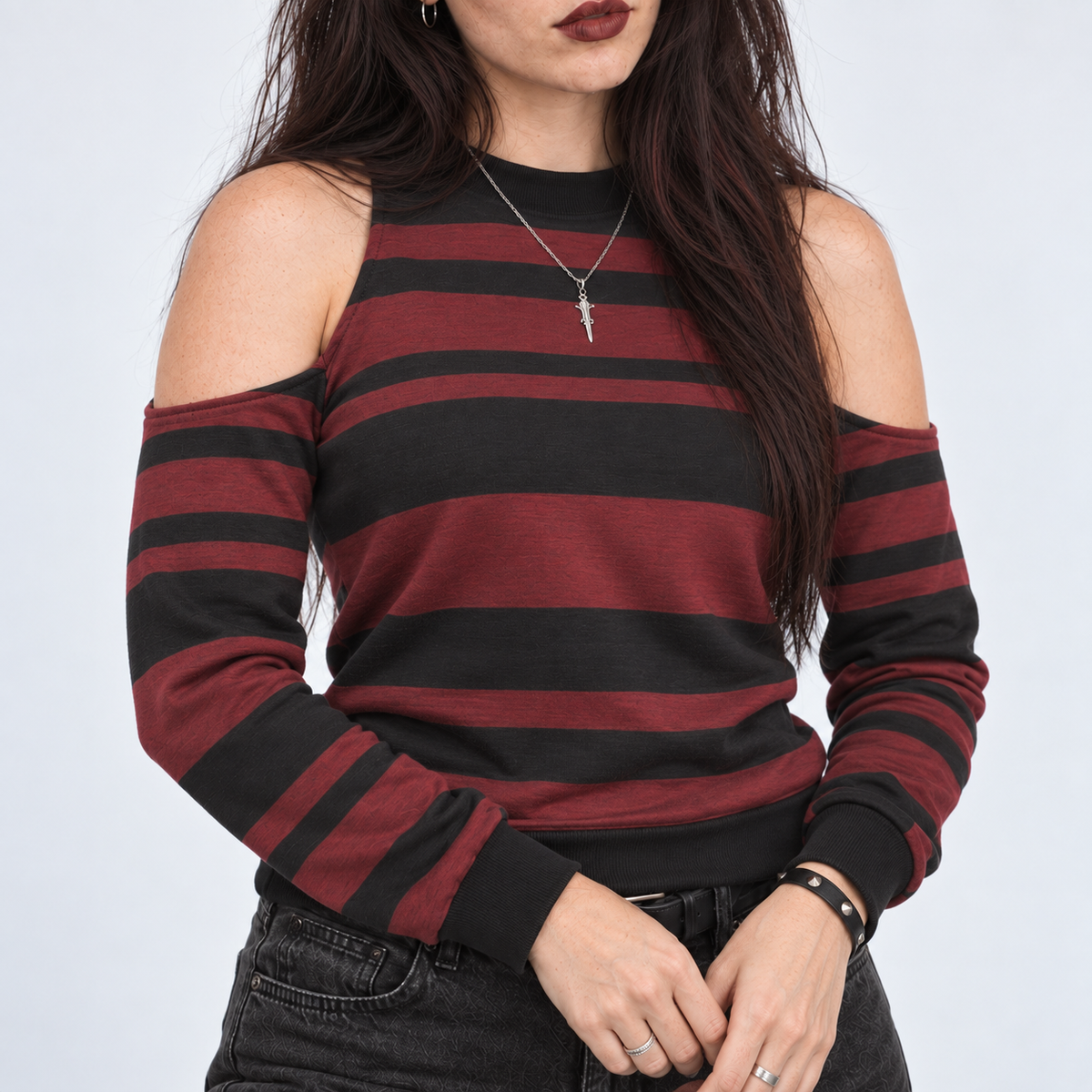 Women's Grunge Cold Shoulder Striped Sweatshirt | Crimson Riot – 230 GSM
