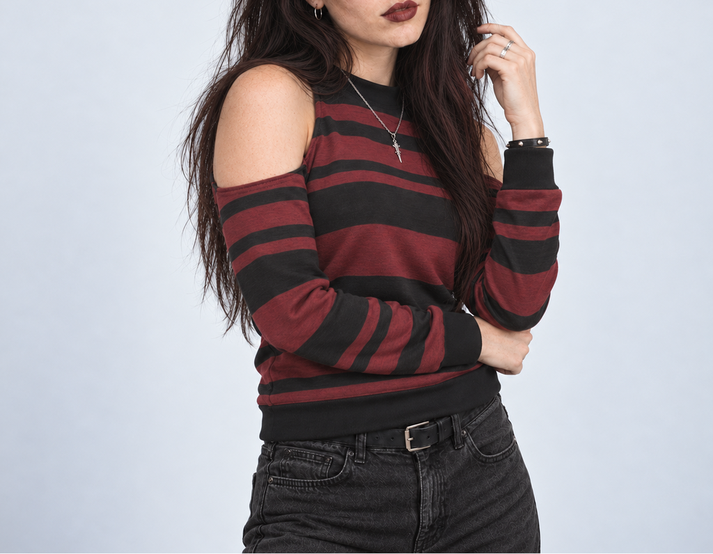 Women's Grunge Cold Shoulder Striped Sweatshirt | Crimson Riot – 230 GSM