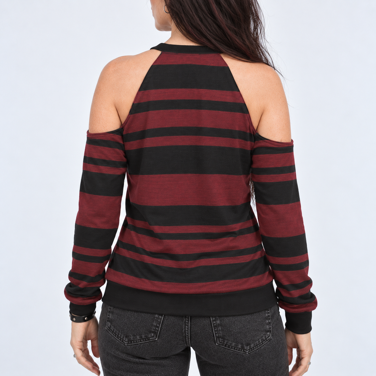 Women's Grunge Cold Shoulder Striped Sweatshirt | Crimson Riot – 230 GSM