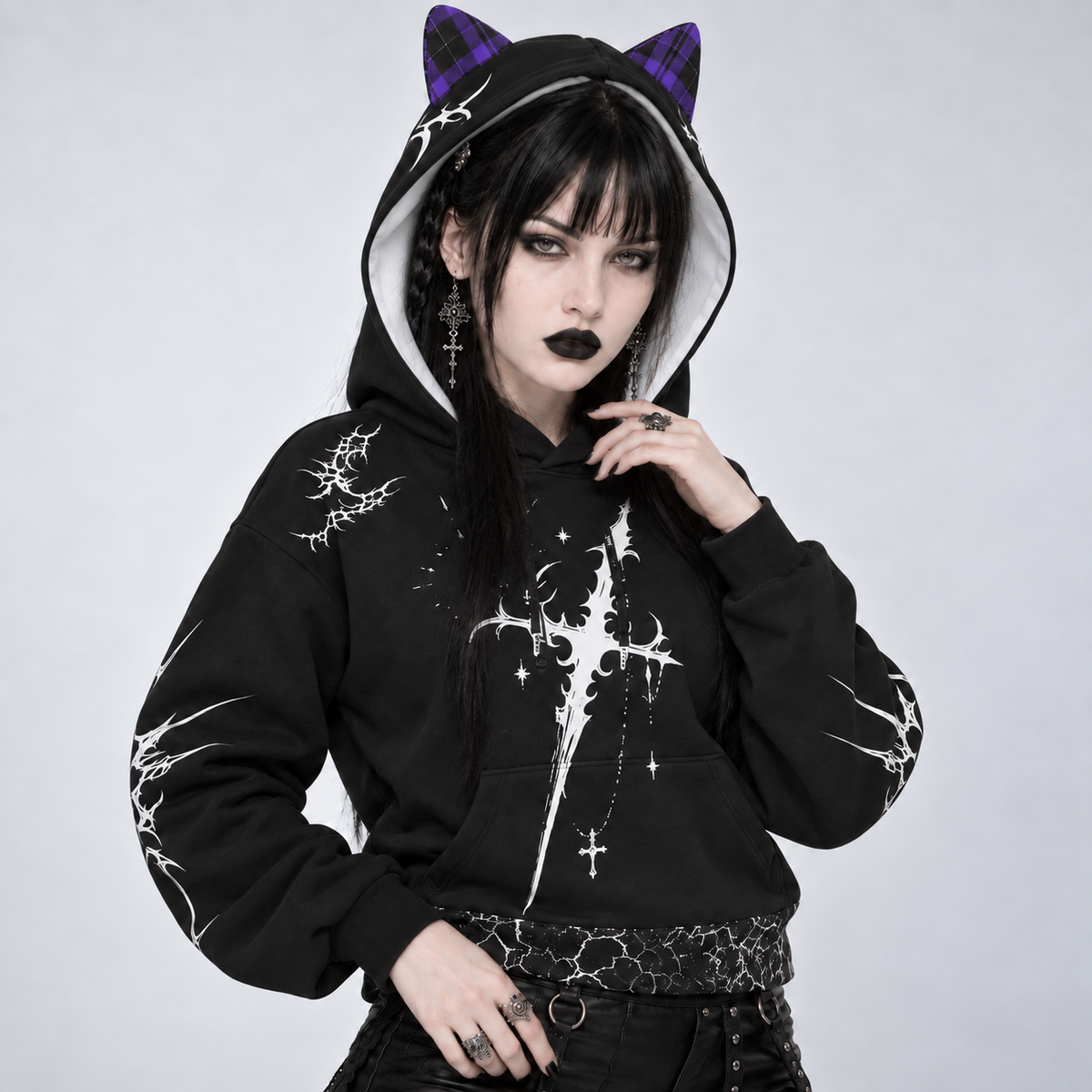 Harajuku Gothic Cat Ear Hoodie | Skeleton Spine – 230 GSM – AlterOut