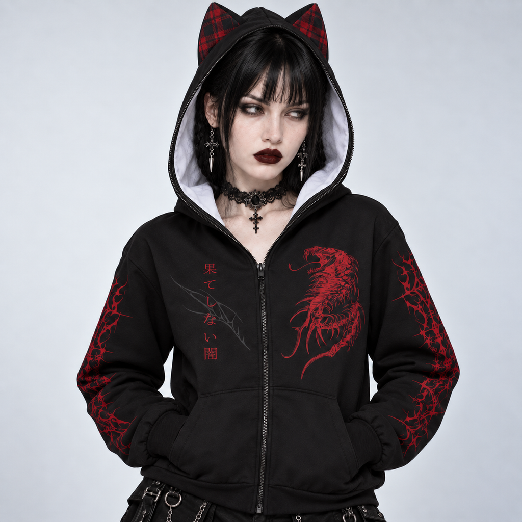 Japanese Gothic Harajuku Cat Ear Hoodie | AKAI NEKO Full-Zip
