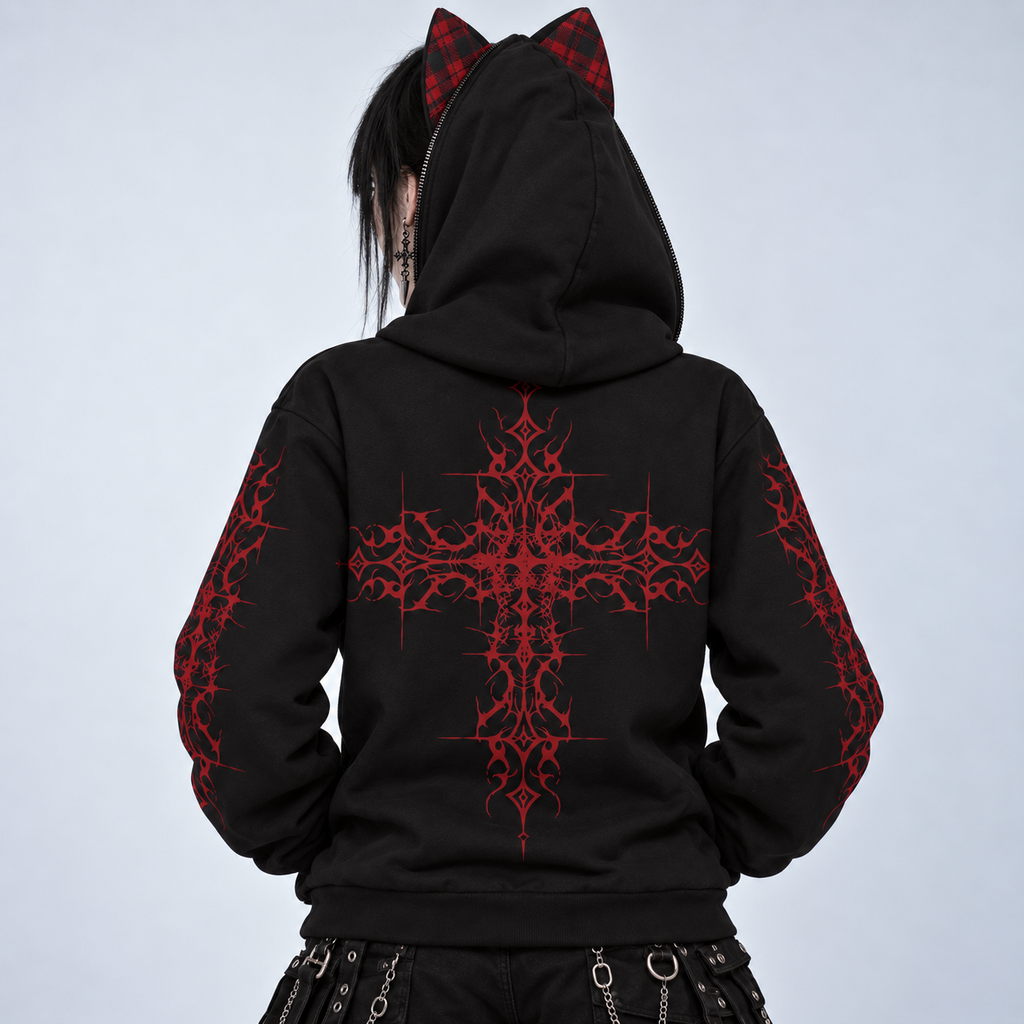 Japanese Gothic Harajuku Cat Ear Hoodie | AKAI NEKO Full-Zip