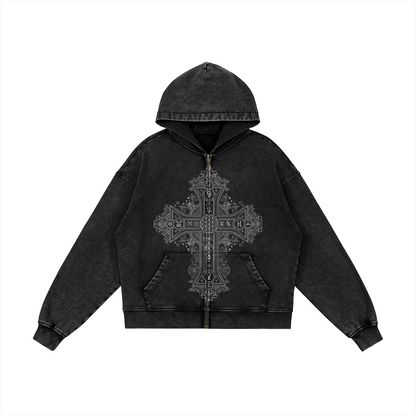 Mystic Gothic Cross Unisex Zip Hoodie Cotton 440gsm