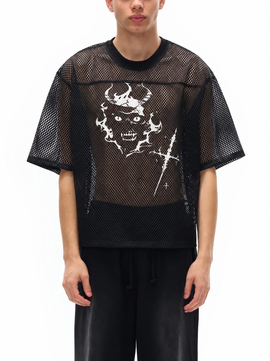 Oversized Gothic Mesh T-Shirt | Demoncore Black – 260 GSM