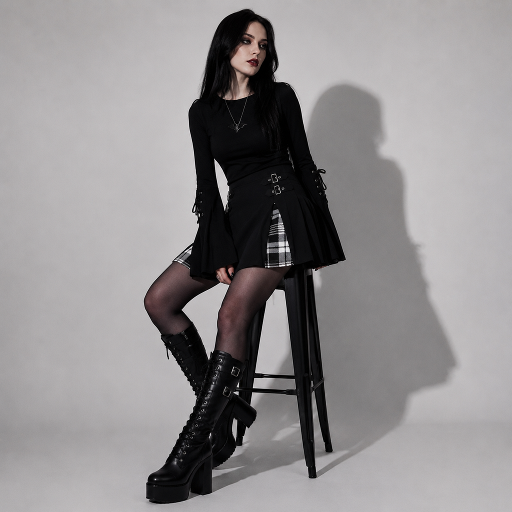 Punk Goth Plaid Mini Skirt with Buckles | Dark Academia Alternative Skirt