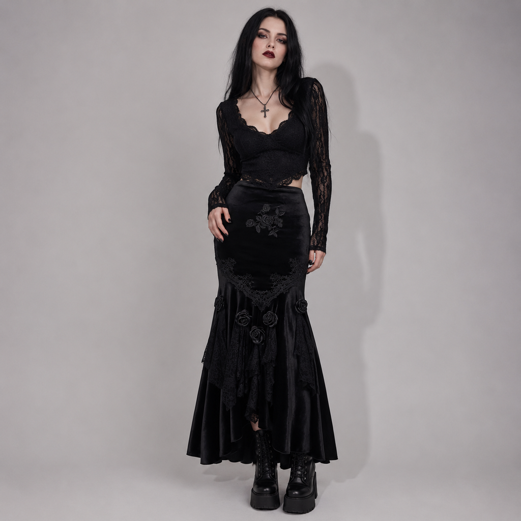 Romantic Gothic Maxi Skirt | Midnight Rose Elegance | Dark Rose Spell