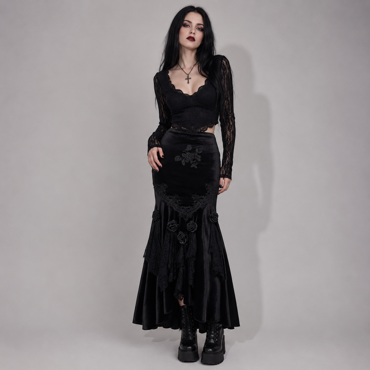 Romantic Gothic Maxi Skirt | Midnight Rose Elegance | Dark Rose Spell