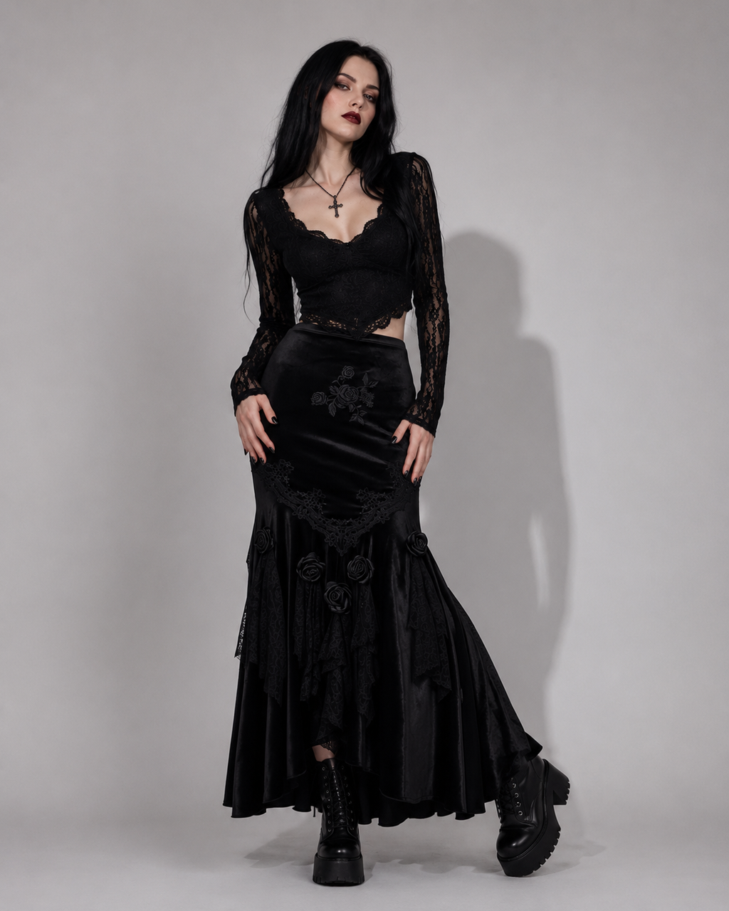 Romantic Gothic Maxi Skirt | Midnight Rose Elegance | Dark Rose Spell
