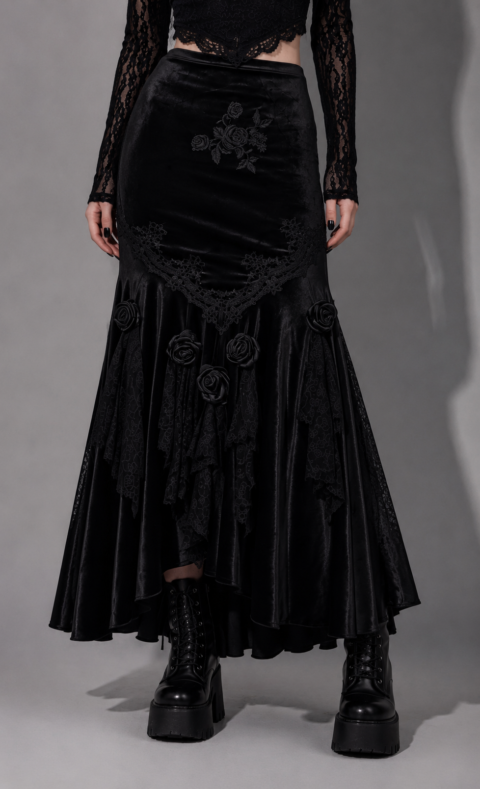 Romantic Gothic Maxi Skirt | Midnight Rose Elegance | Dark Rose Spell