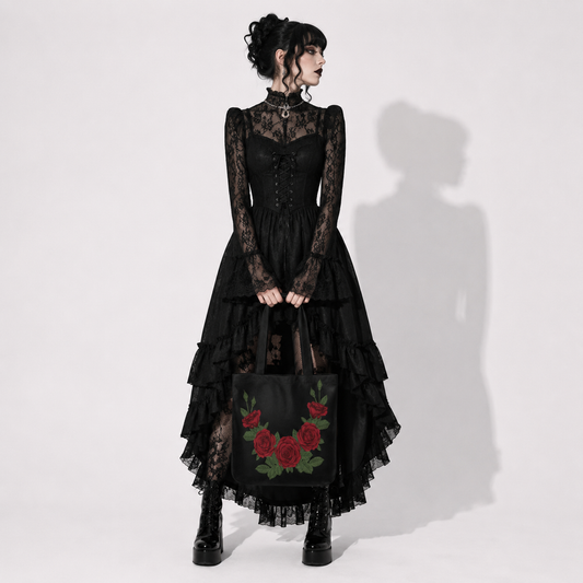 Victorian Skull Roses Gothic Tote Bag – Dark Romantic Canvas Style Bag