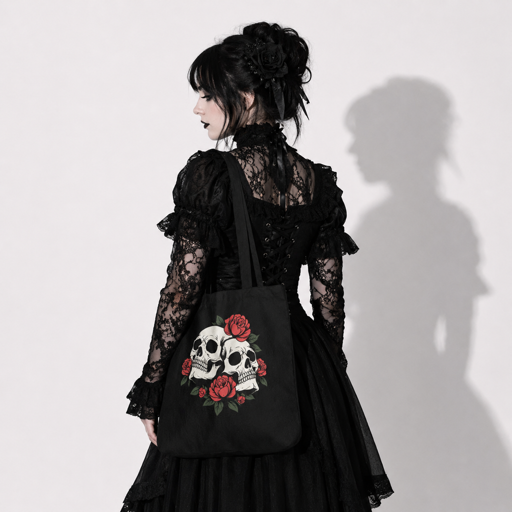 Victorian Skull Roses Gothic Tote Bag – Dark Romantic Canvas Style Bag