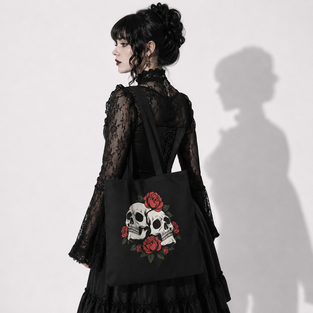Victorian Skull Roses Gothic Tote Bag – Dark Romantic Canvas Style Bag