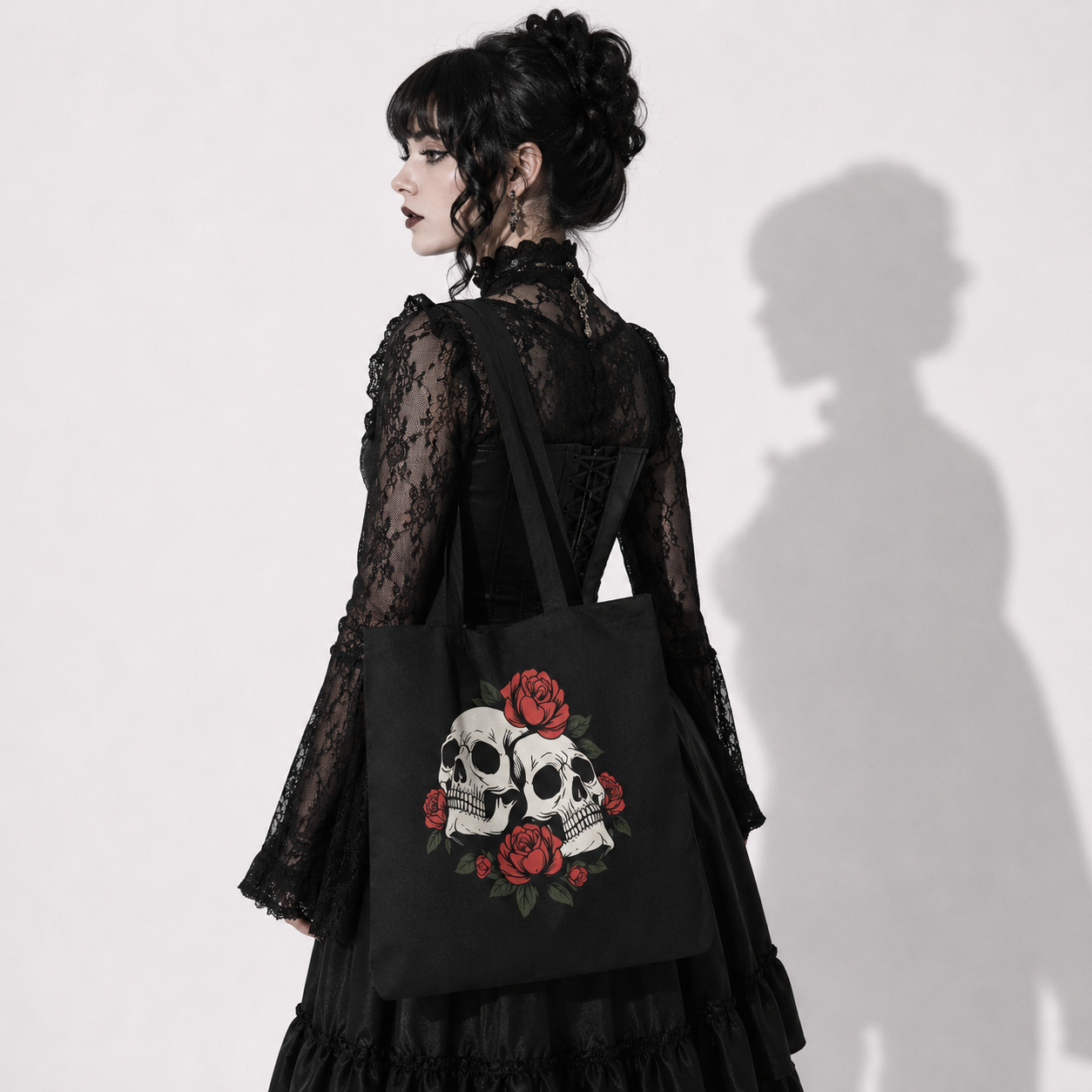 Victorian Skull Roses Gothic Tote Bag – Dark Romantic Canvas Style Bag