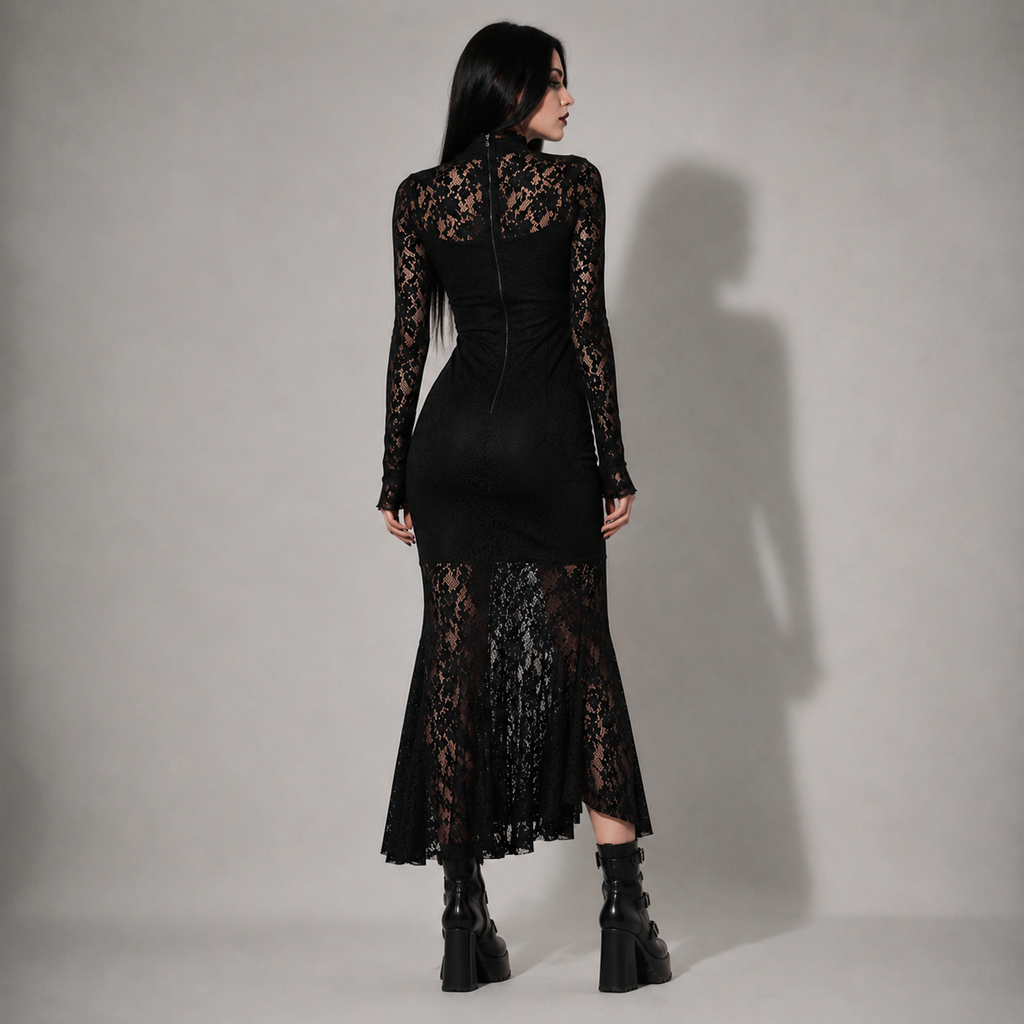 Elegant Romantic Gothic Lace Dress – Black Victorian Maxi Dress for Women