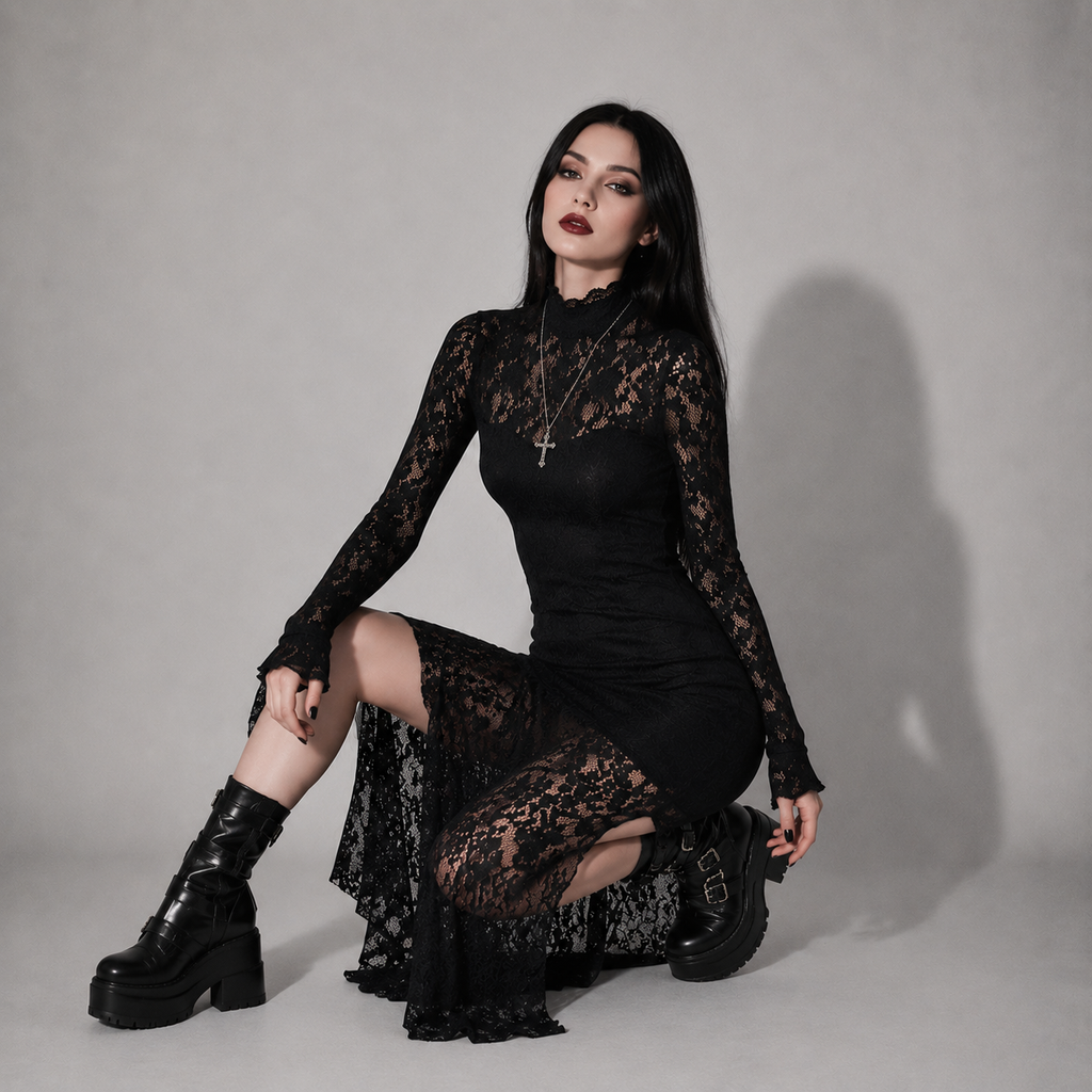 Elegant Romantic Gothic Lace Dress – Black Victorian Maxi Dress for Women