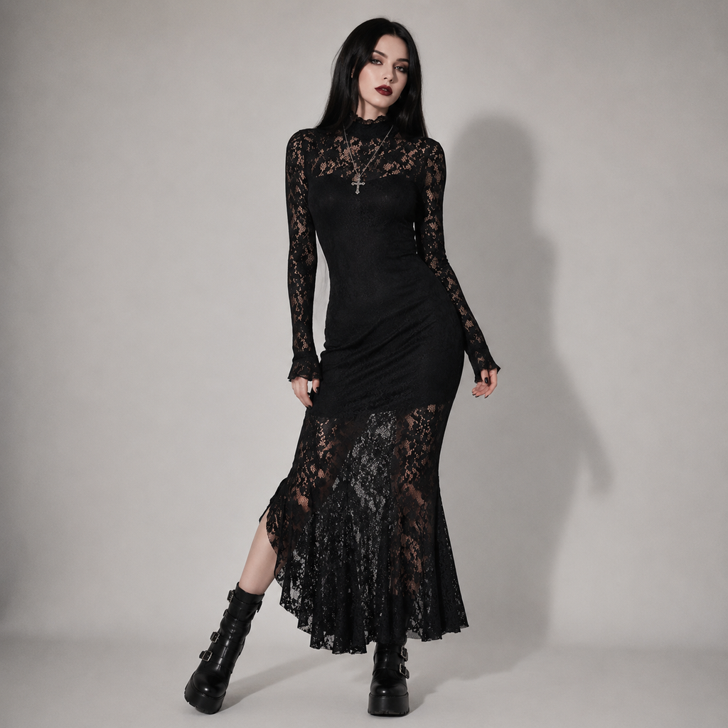 Elegant Romantic Gothic Lace Dress – Black Victorian Maxi Dress for Women