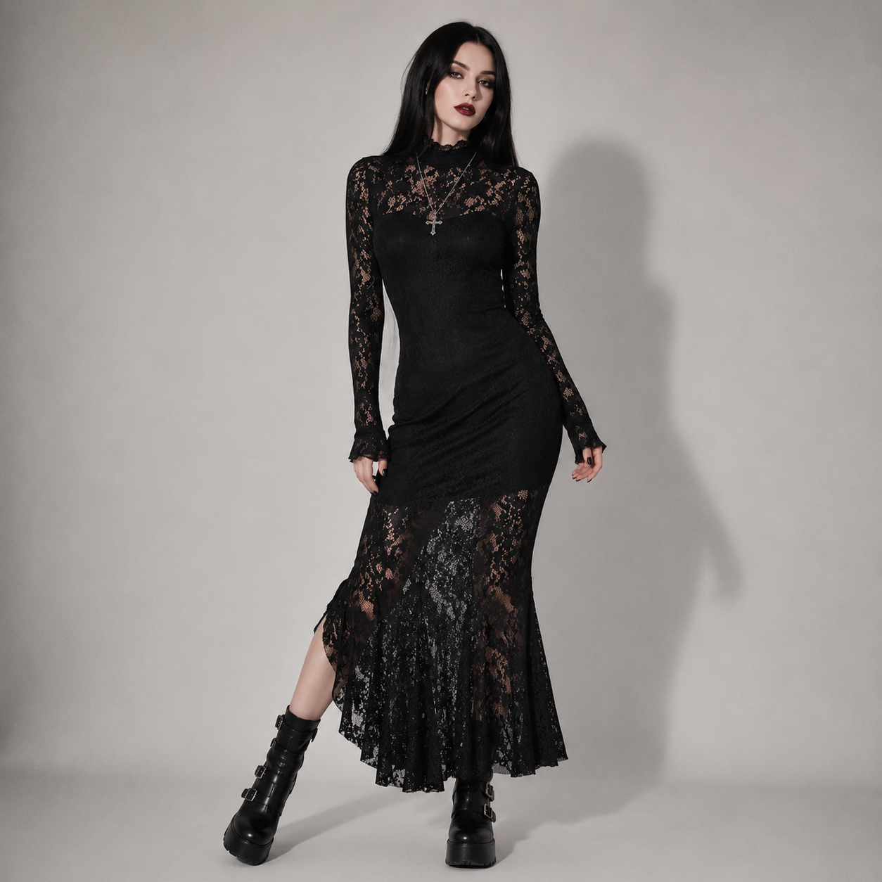 Elegant Romantic Gothic Lace Dress – Black Victorian Maxi Dress for Women