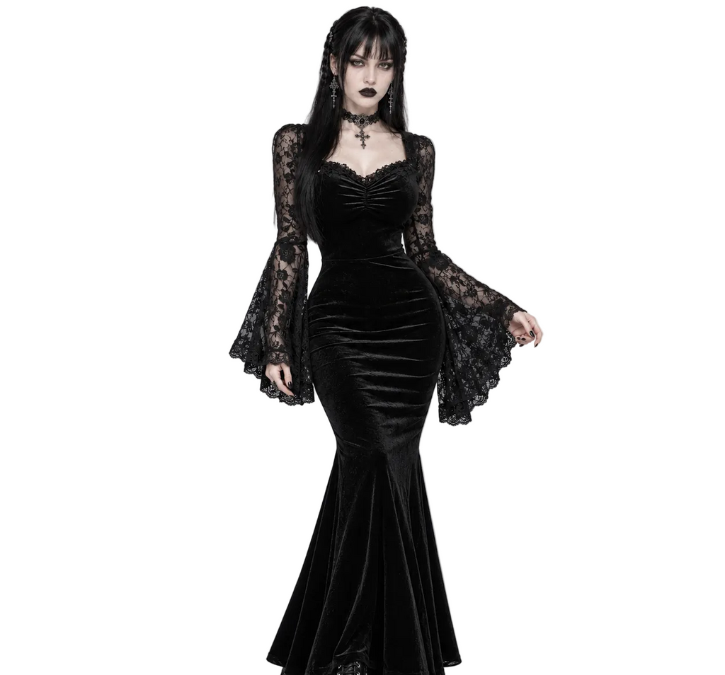 Romantic Witch Gothic Maxi Dress | Black Nocturne – Lace Bell Sleeves