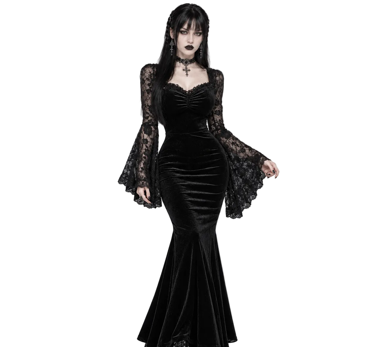 Romantic Witch Gothic Maxi Dress | Black Nocturne – Lace Bell Sleeves