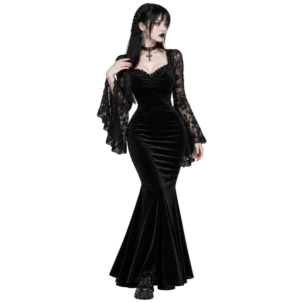 Romantic Witch Gothic Maxi Dress | Black Nocturne – Lace Bell Sleeves