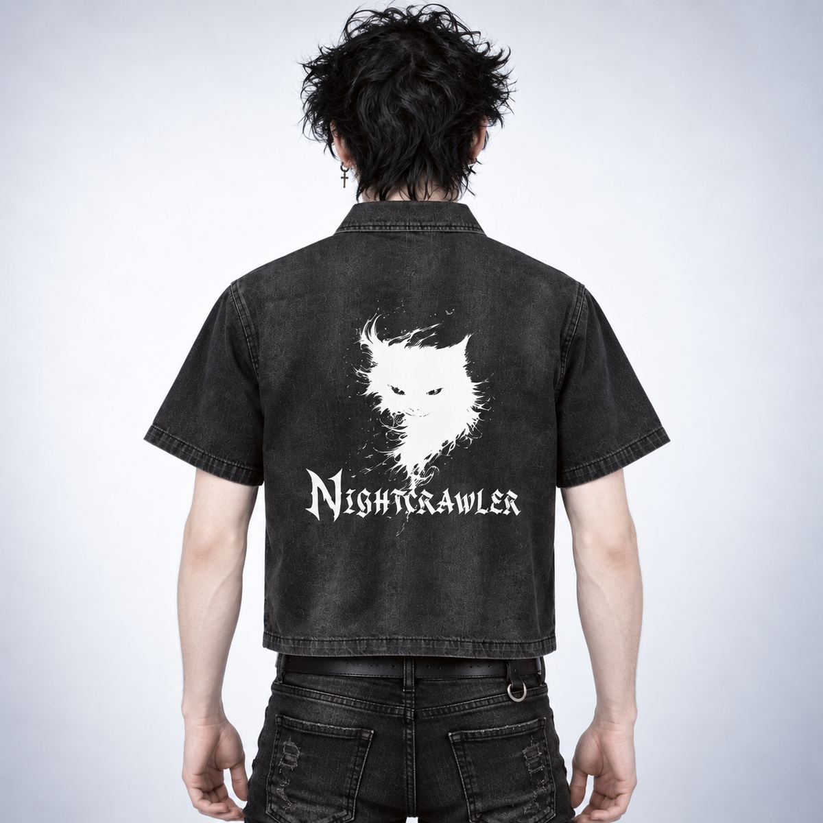 Men's Gothic Grunge Denim Zip Shirt | NIGHTCRAWLER – Washed Black 285 GSM