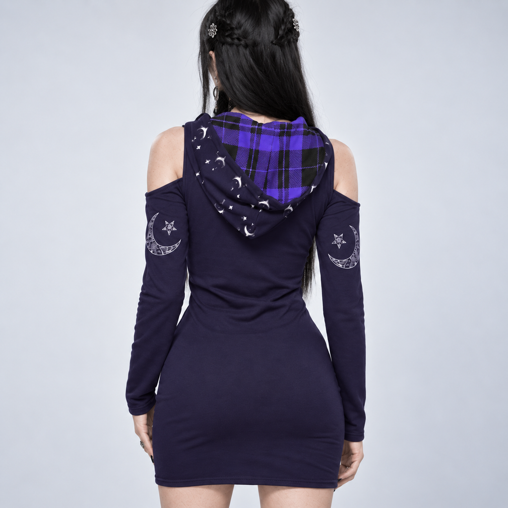 Gothic Hooded Cold Shoulder Mini Dress | Occult Cat Sigil | 230 GSM