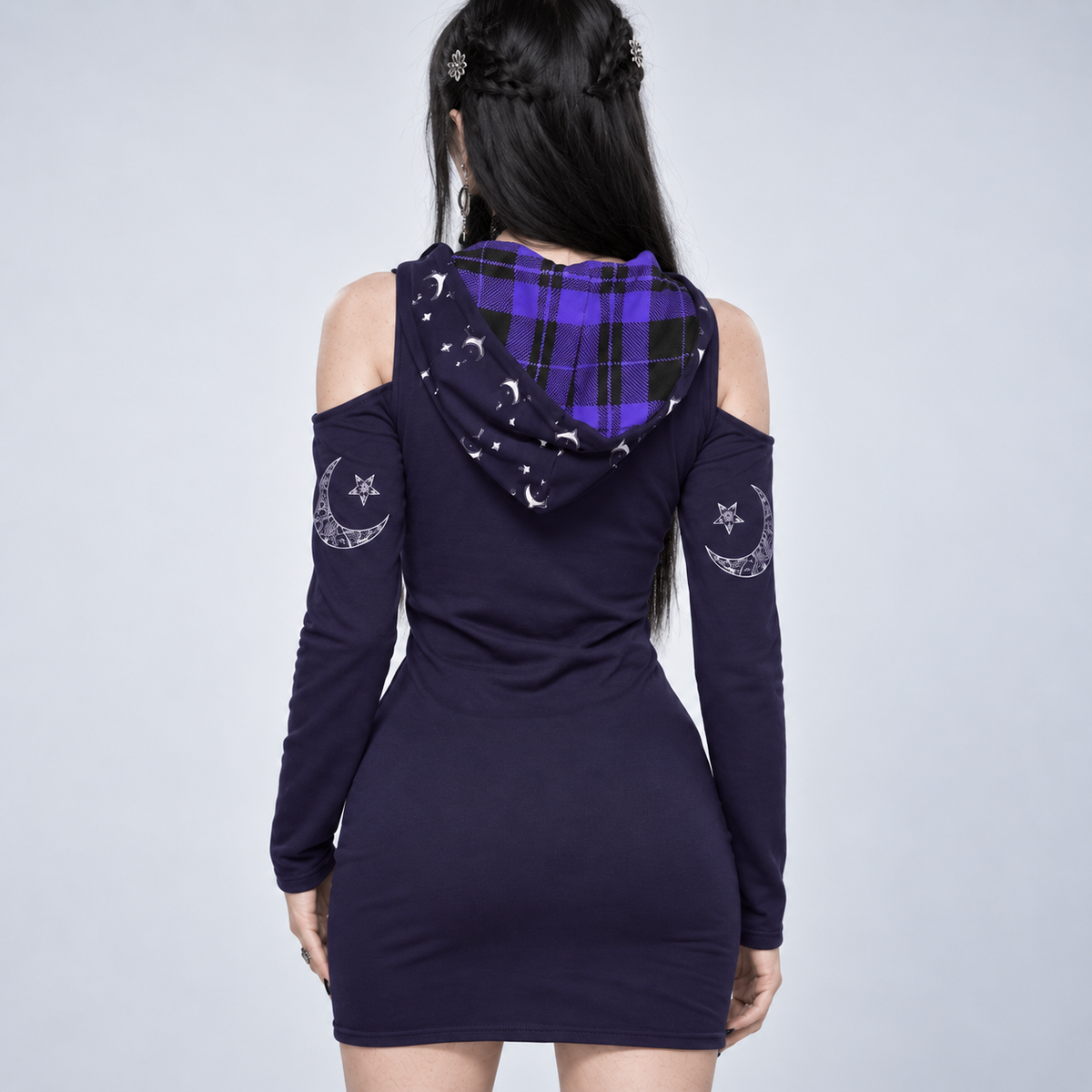 Gothic Hooded Cold Shoulder Mini Dress | Occult Cat Sigil | 230 GSM