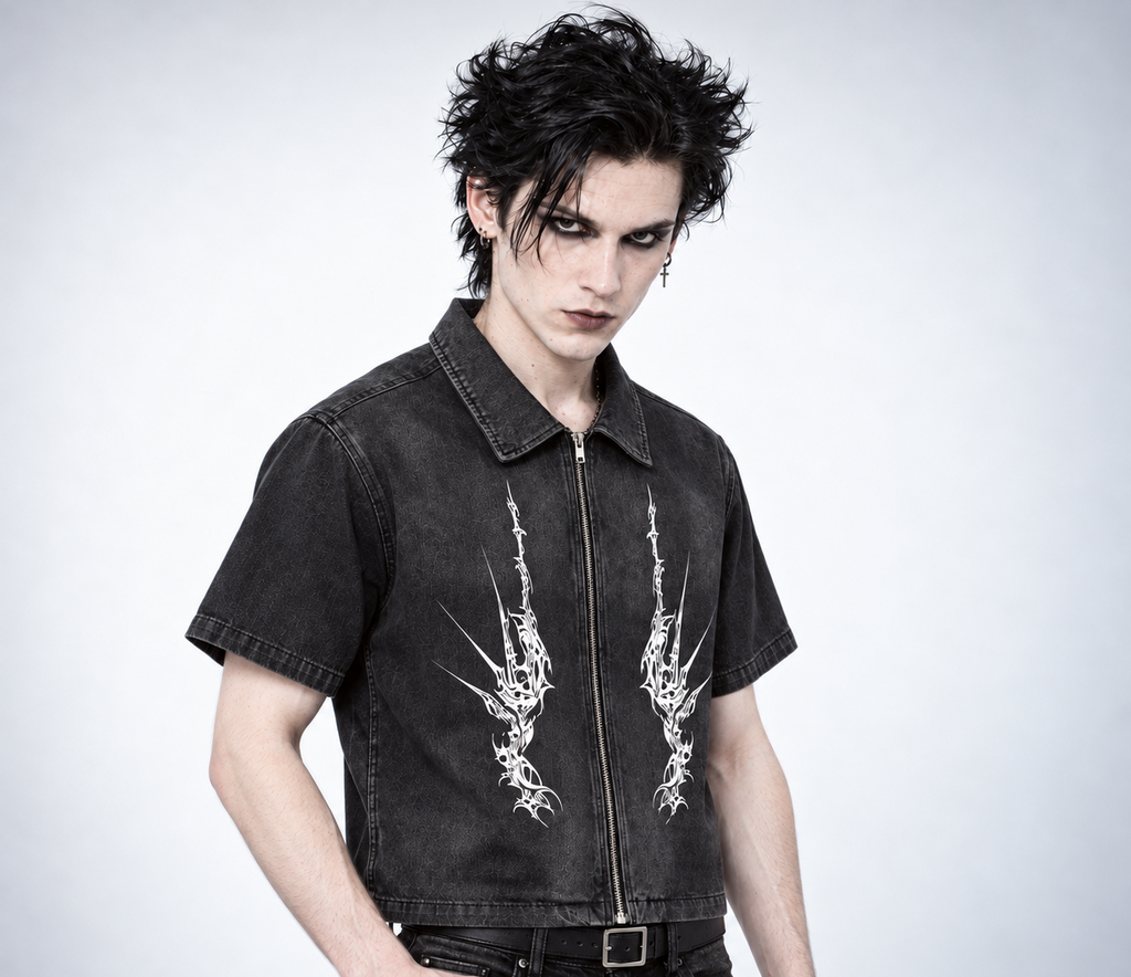 Men's Gothic Grunge Denim Zip Shirt | NIGHTCRAWLER – Washed Black 285 GSM